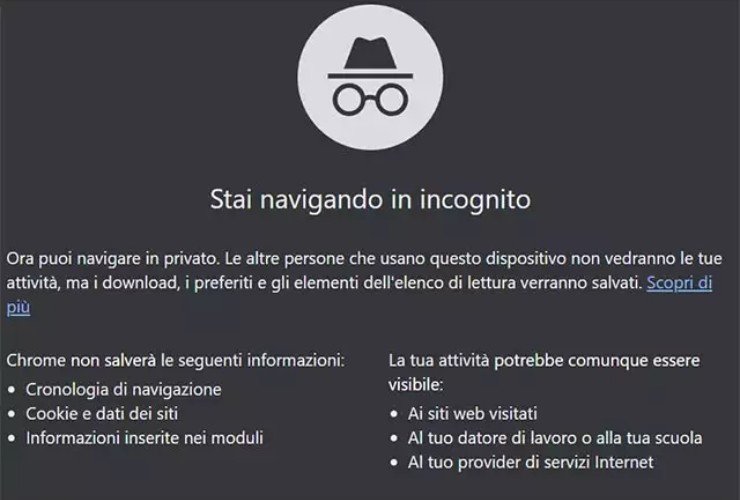 Schermata navigazione in incognito chrome