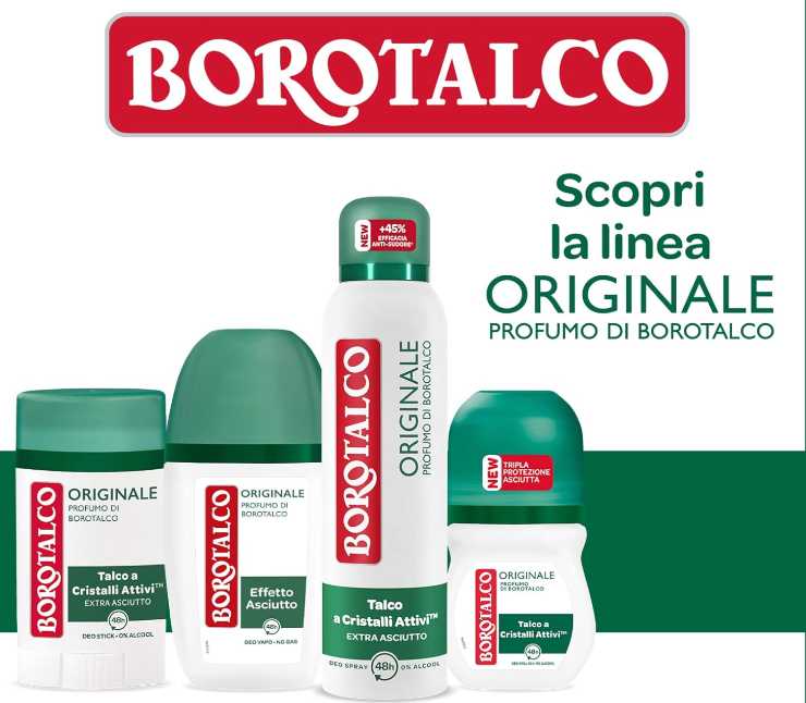 quattro tipi differenti di deodoranti borotalco e relative scritte