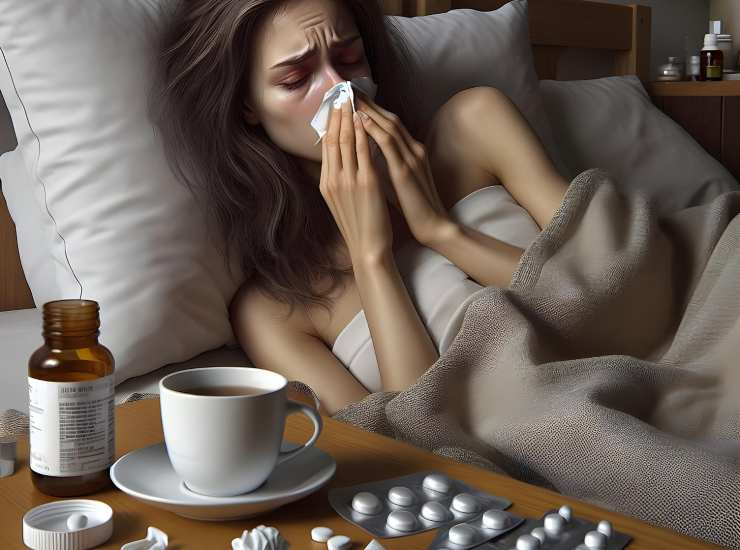 Una donna influenzata con i medicinali