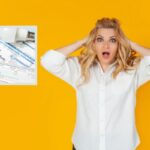 donna spaventata con le mani nei capelli e nel riquadro delle bollette una lampadina e una calcolatrice
