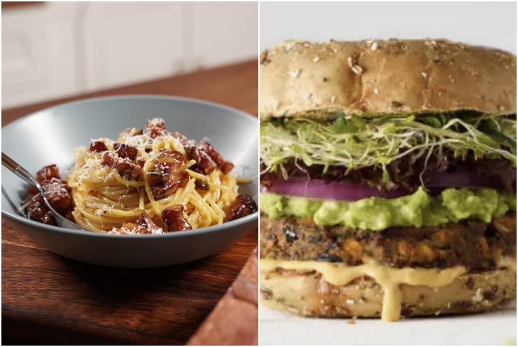 Un piatto di carbonara e un veggie burger