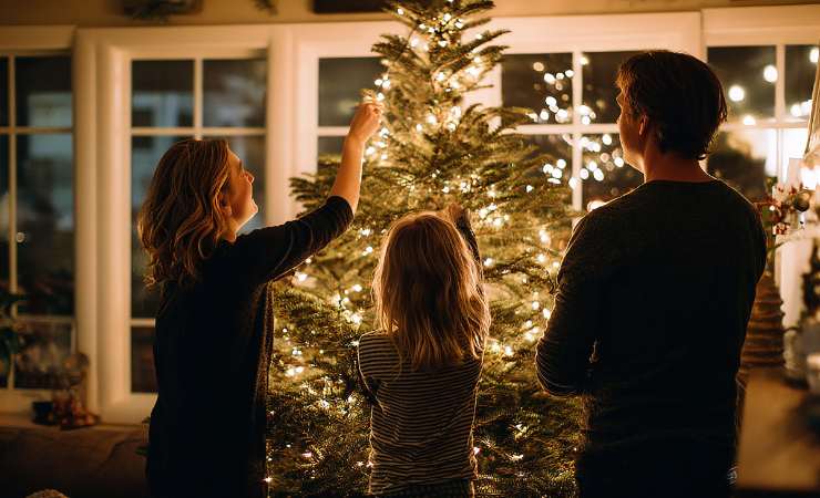 famiglia che fa l'albero di Natale