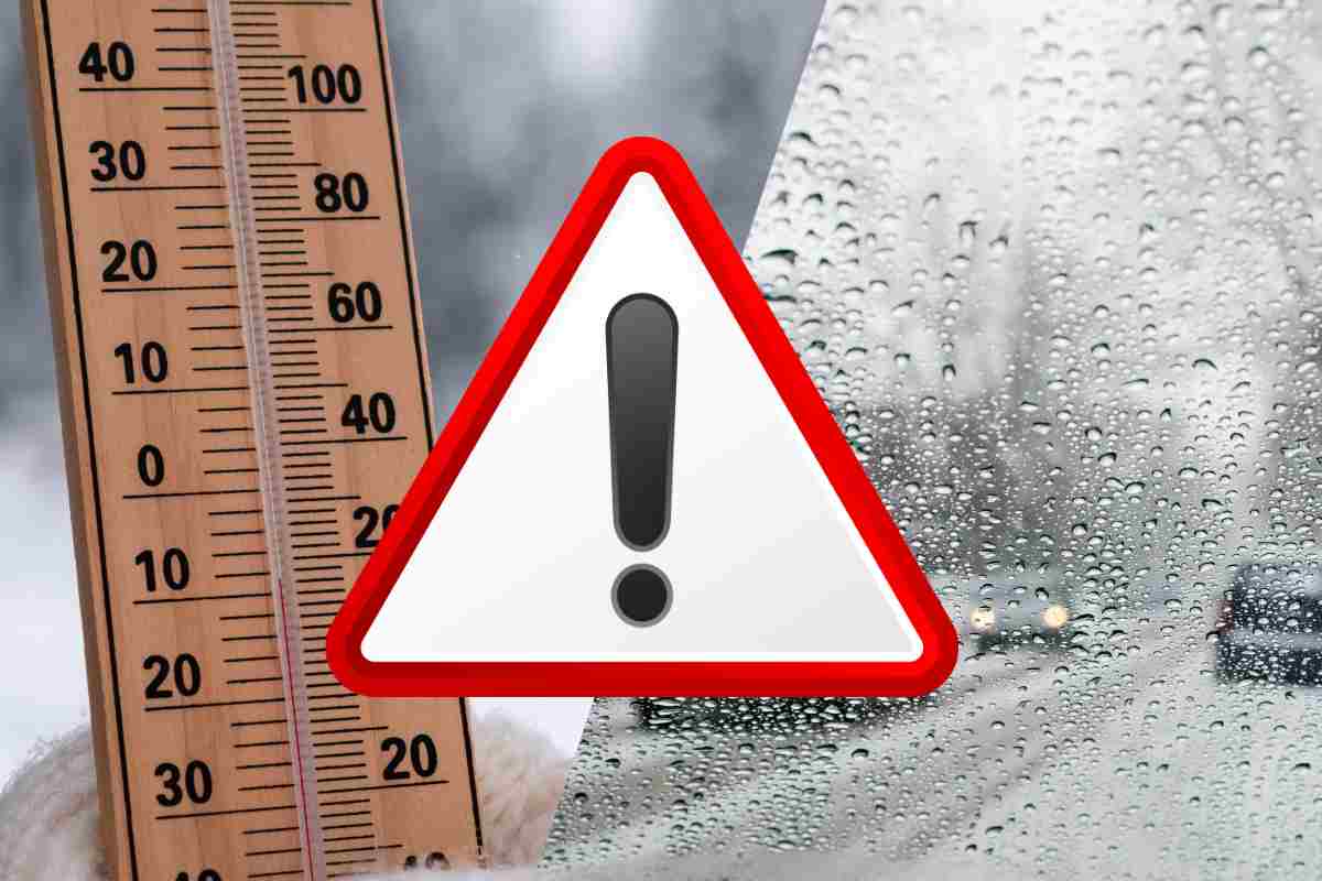 immagini di maltempo, un termometro e un simbolo di pericolo