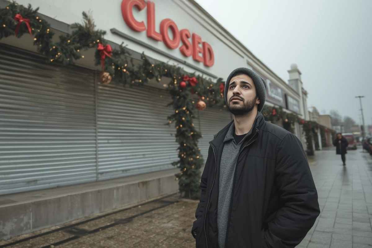 uomo davanti a un negozio chiuso nei giorni di natale