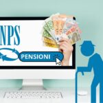 pc con logo inps clicca qui sulla scritte pensione e una mano con banconote euro che esce dallo schermo. Accanto sagome due persone anziane blu