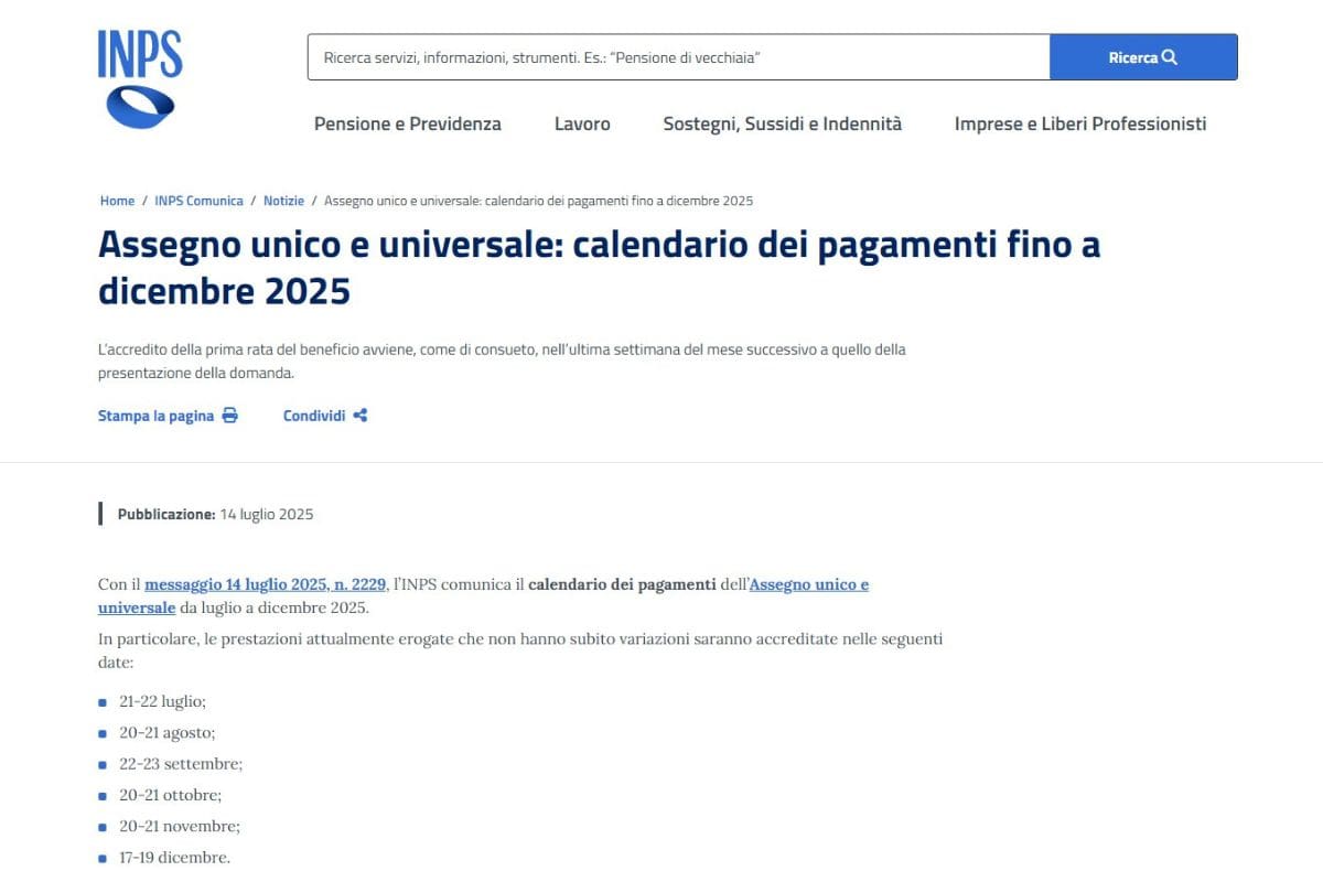 screen sito inps con calendario pagamenti assegno unico
