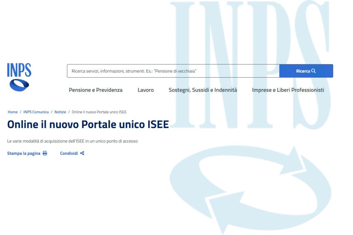 screen sito INPS del portare ISEE