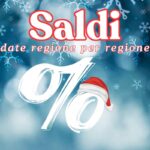 sfondo innevato e percentuale con cappellino babbo natale e scritta "saldi le date regione per regione"