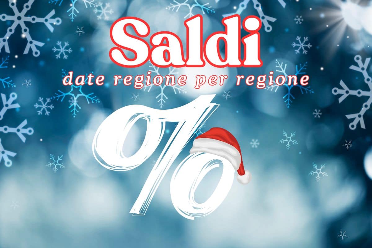 sfondo innevato e percentuale con cappellino babbo natale e scritta "saldi le date regione per regione"