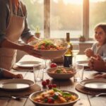 Una donna porta sulla tavola dei cibi