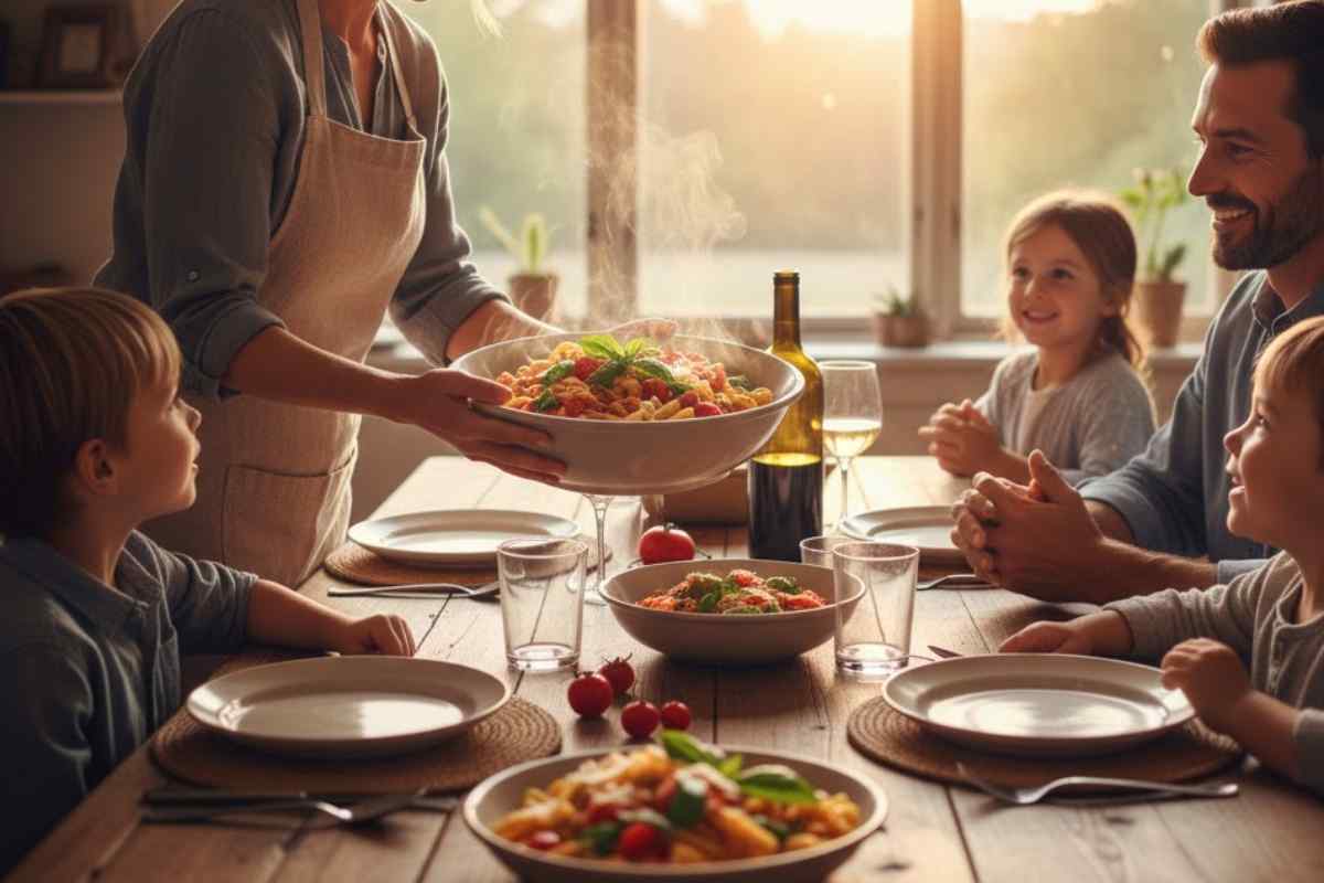 Una donna porta sulla tavola dei cibi