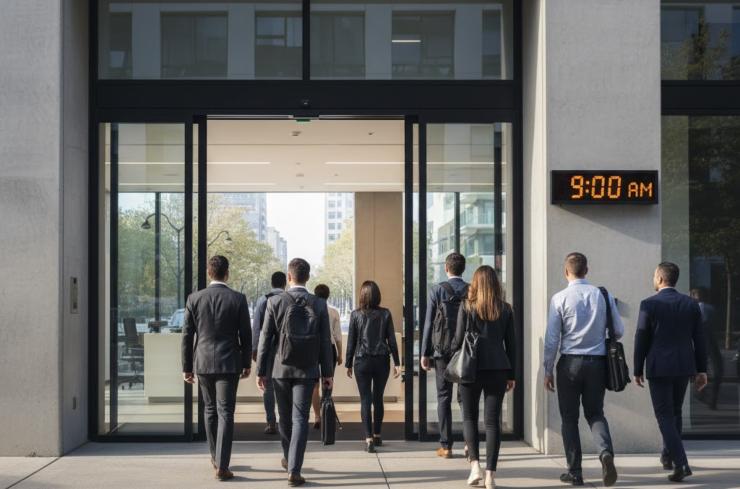 Un gruppo di lavoratori entrano in ufficio