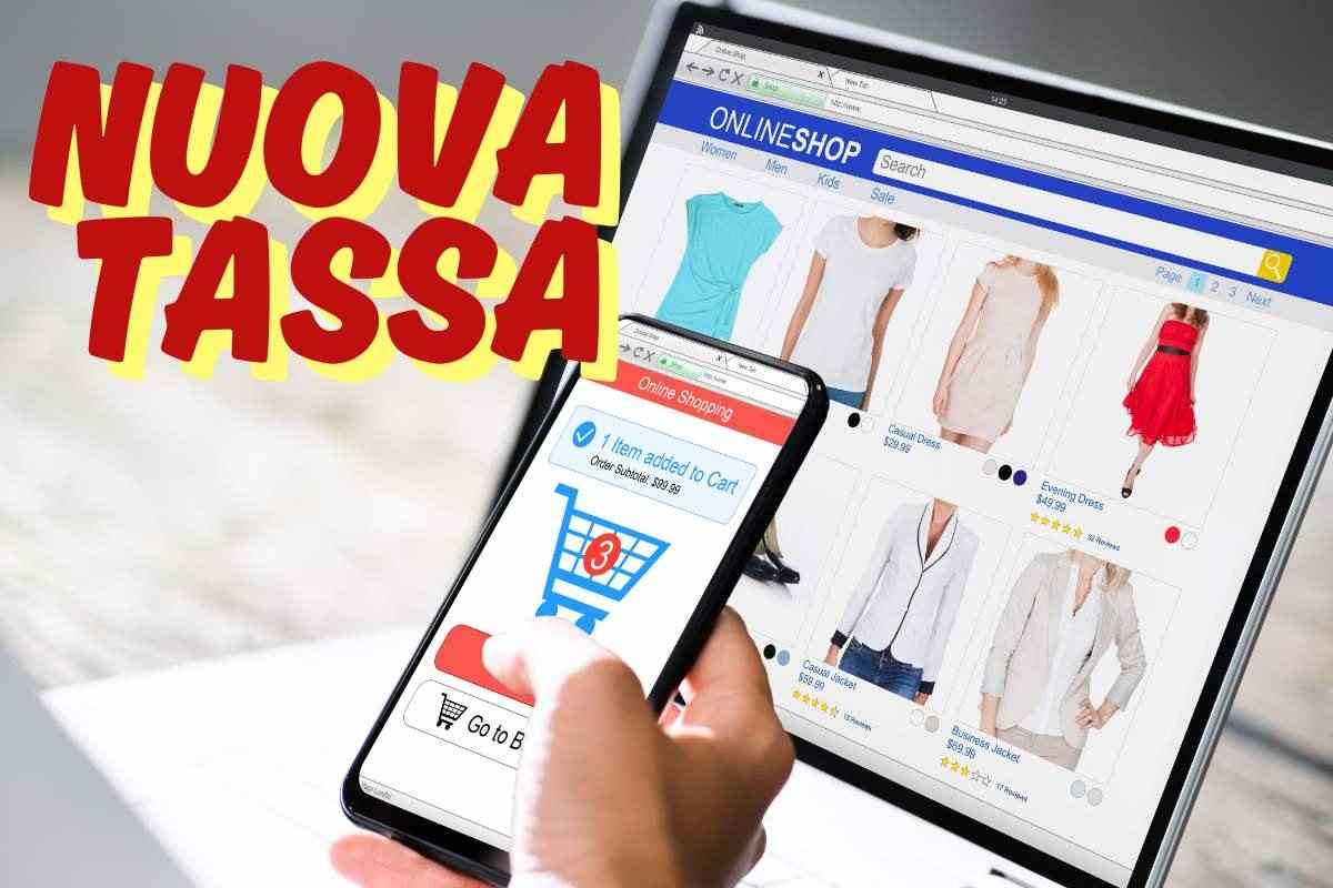 PC e smartphone in mano, scritta "nuova tassa"