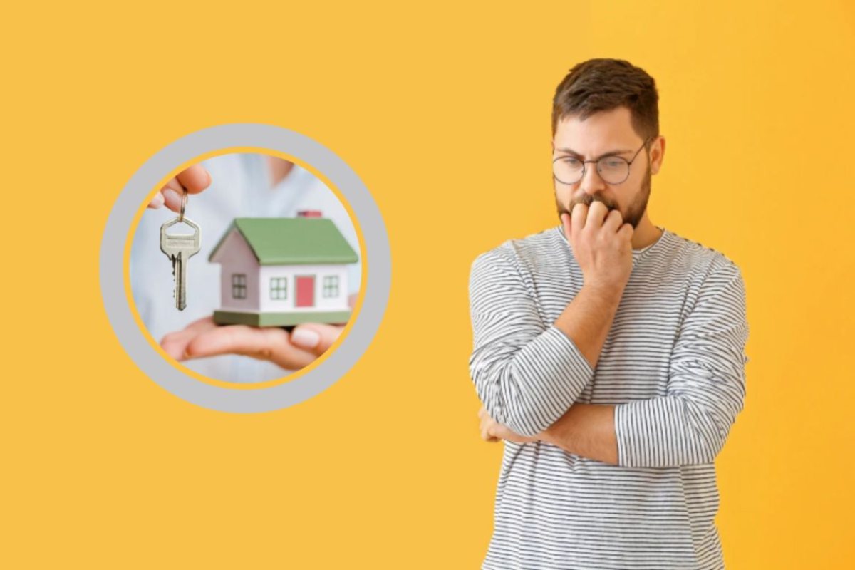 uomo con espressione preoccupata e nel riquadro una donna con in mano delle chiavi e una casetta in miniatura