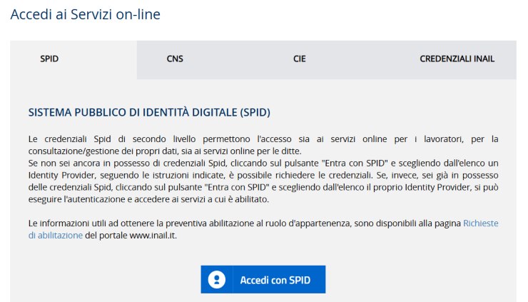 foto della pagina di accesso al portale dell'INAIL