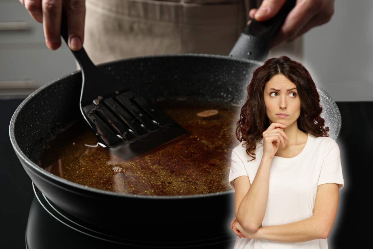 padella con olio esausto e donna pensierosa