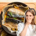 teglia di pesce donna che si tappa il naso