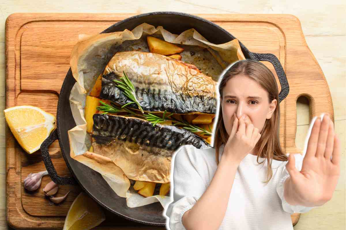 teglia di pesce donna che si tappa il naso