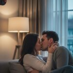 Due persone si baciano vicino ad una telecamera