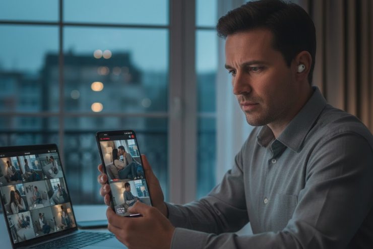 Uomo che guarda i filmati delle camere di sicurezza