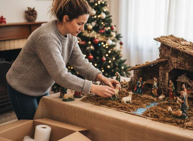 Una donna smonta il Presepe