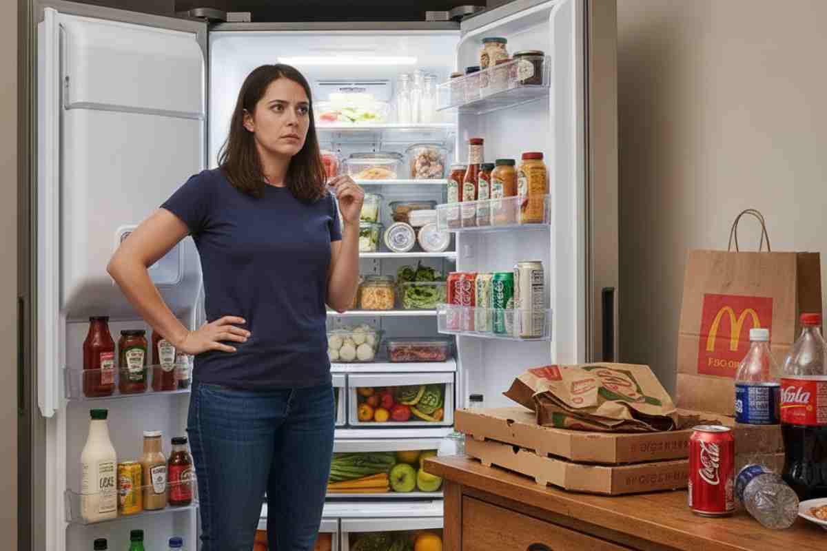 Frigo pieno e cibo d'asporto 