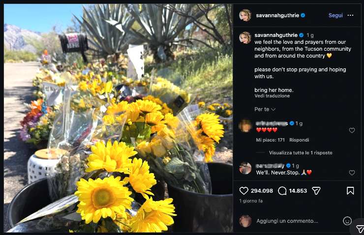 Un post di IG mostra i fiori fuori dalla casa di Nancy Guthrie