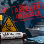 Provette di laboratorio con scritta Hantavirus e nave da crociera sullo sfondo durante l’allerta sanitaria internazionale