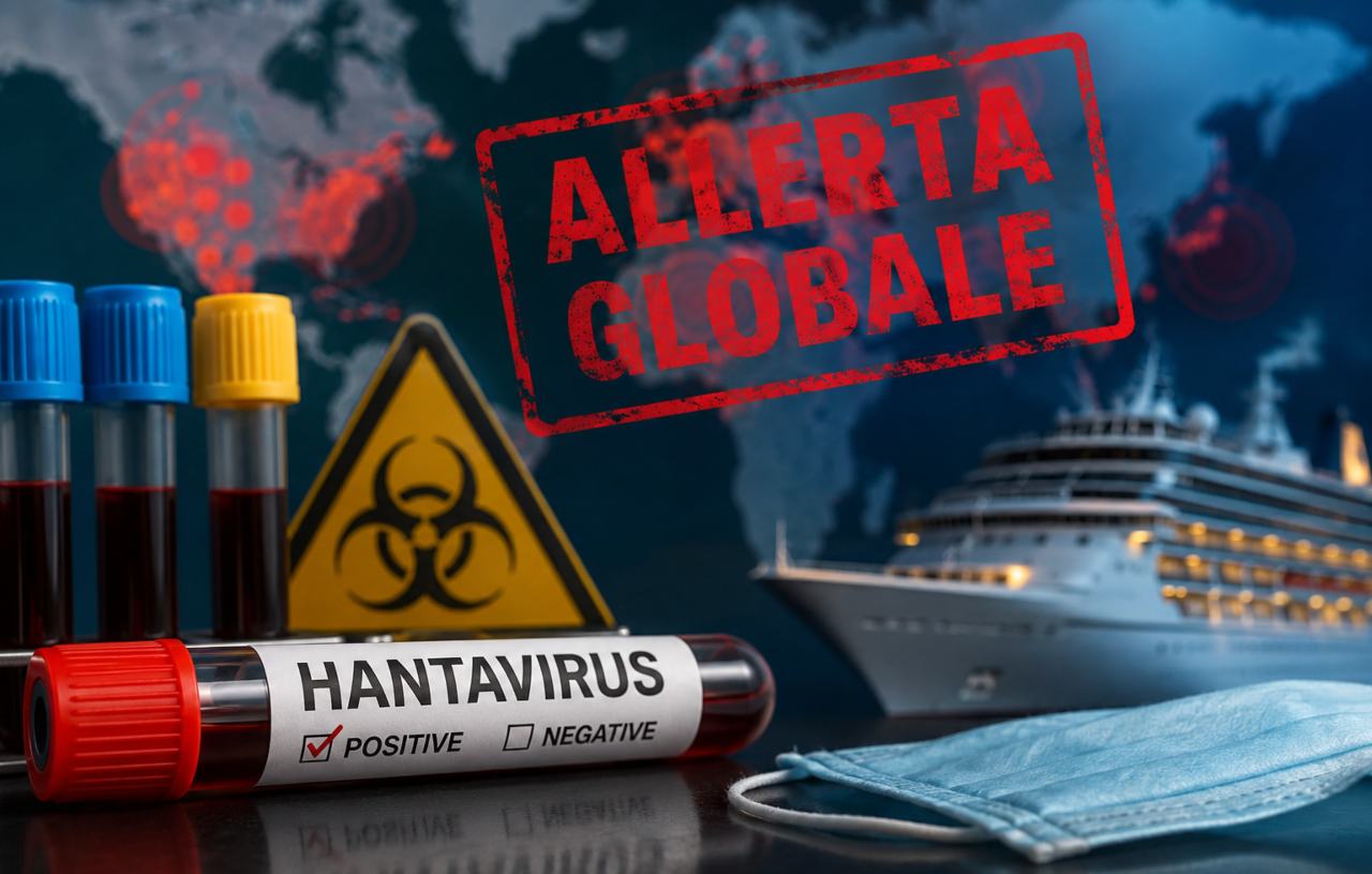 Provette di laboratorio con scritta Hantavirus e nave da crociera sullo sfondo durante l’allerta sanitaria internazionale