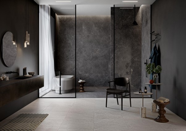 Cotto d’Este Lithos pavimento in grès porcellanato effetto pietra grigia per bagno di lusso minimal